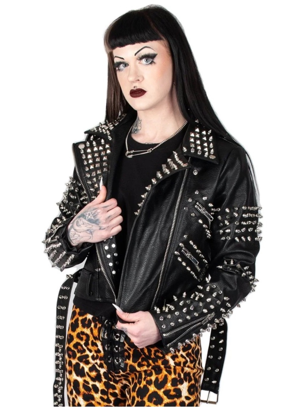 Orchid Bloom Black Studded & Spiked Punk Faux Leather Moto Jacket NWT